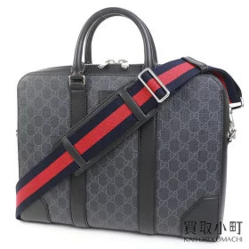 Gucci GG Supreme Briefcase Gray Black Leather Web Strap Shoulder Bag